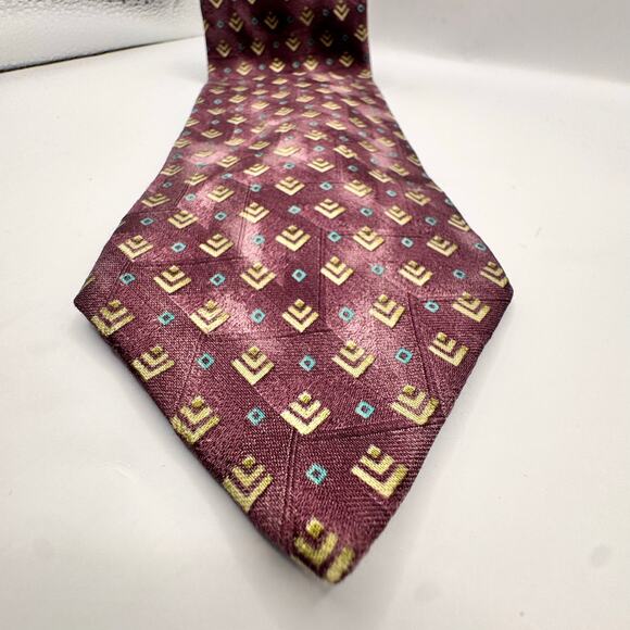 Ermenegildo Zegna Geometric Silk Tie Made in Italy Burgundy Yellow Blue 58” - Picture 1 of 9